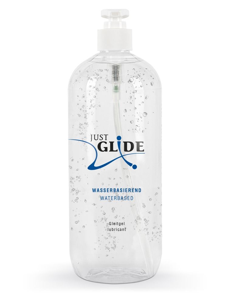 Transparente Flasche mit Dosierpumpe. Aufschrift: JUST GLIDE, Wasserbasiert, Medizinische Gleitgel.
