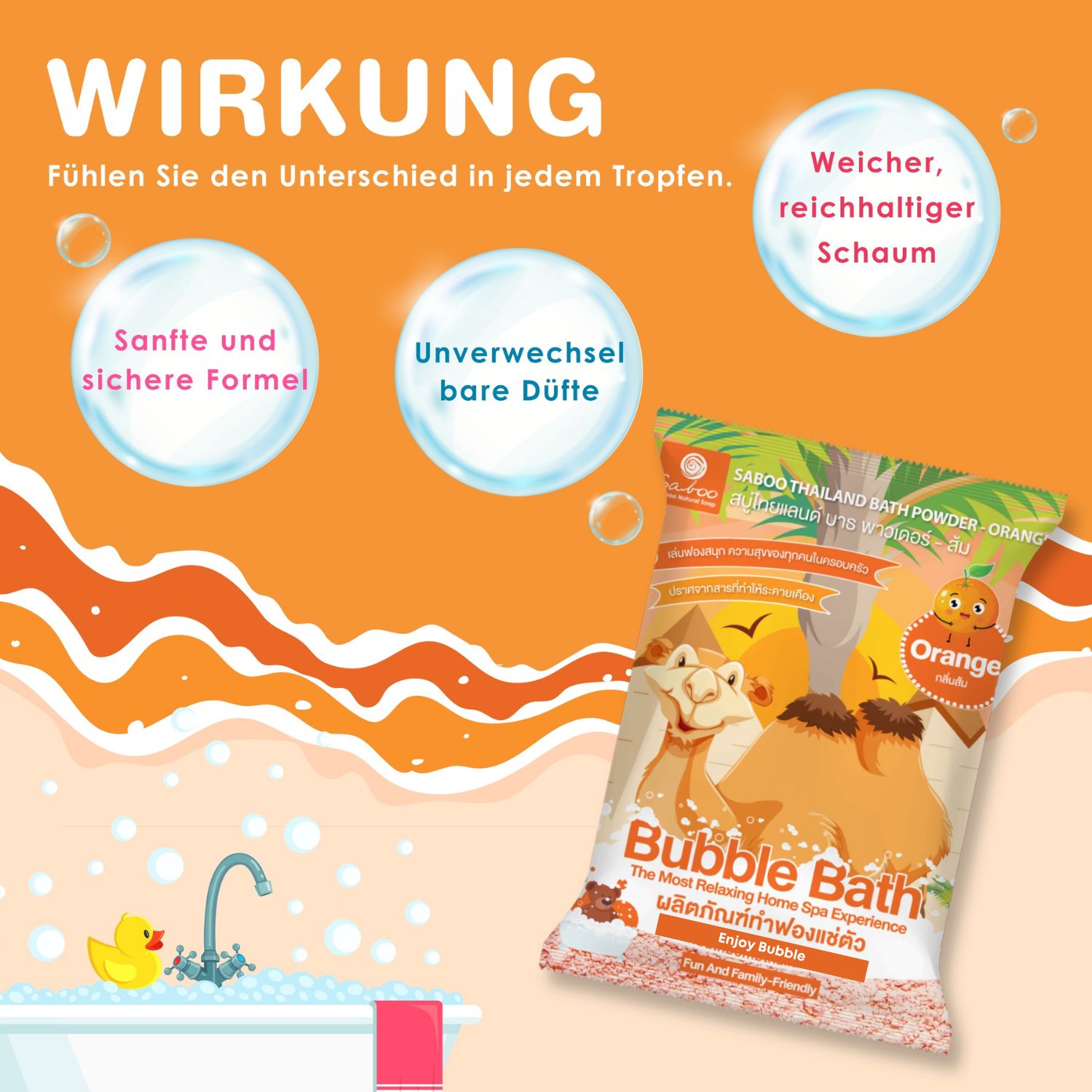 Grafik mit Text über die Wirkung von SABOO Schaumbad Pulver - Orange. Illustrationen von Schaum und einer Badewanne.