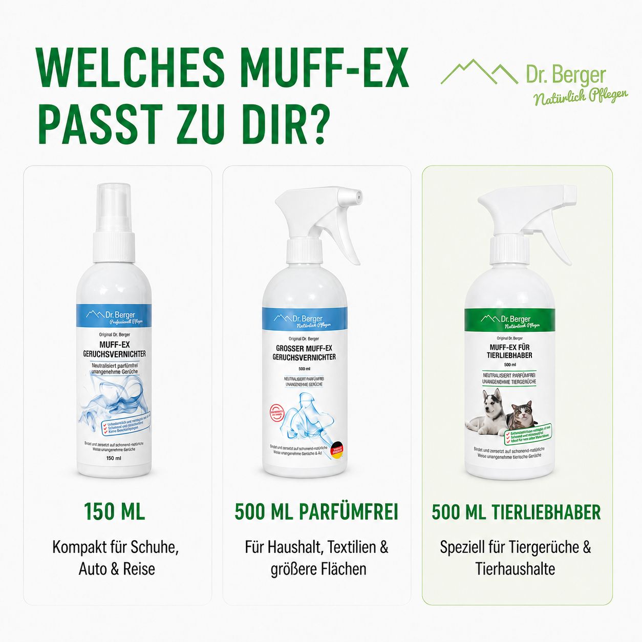 Drei Sprühflaschen in verschiedenen Größen und Ausführungen.
