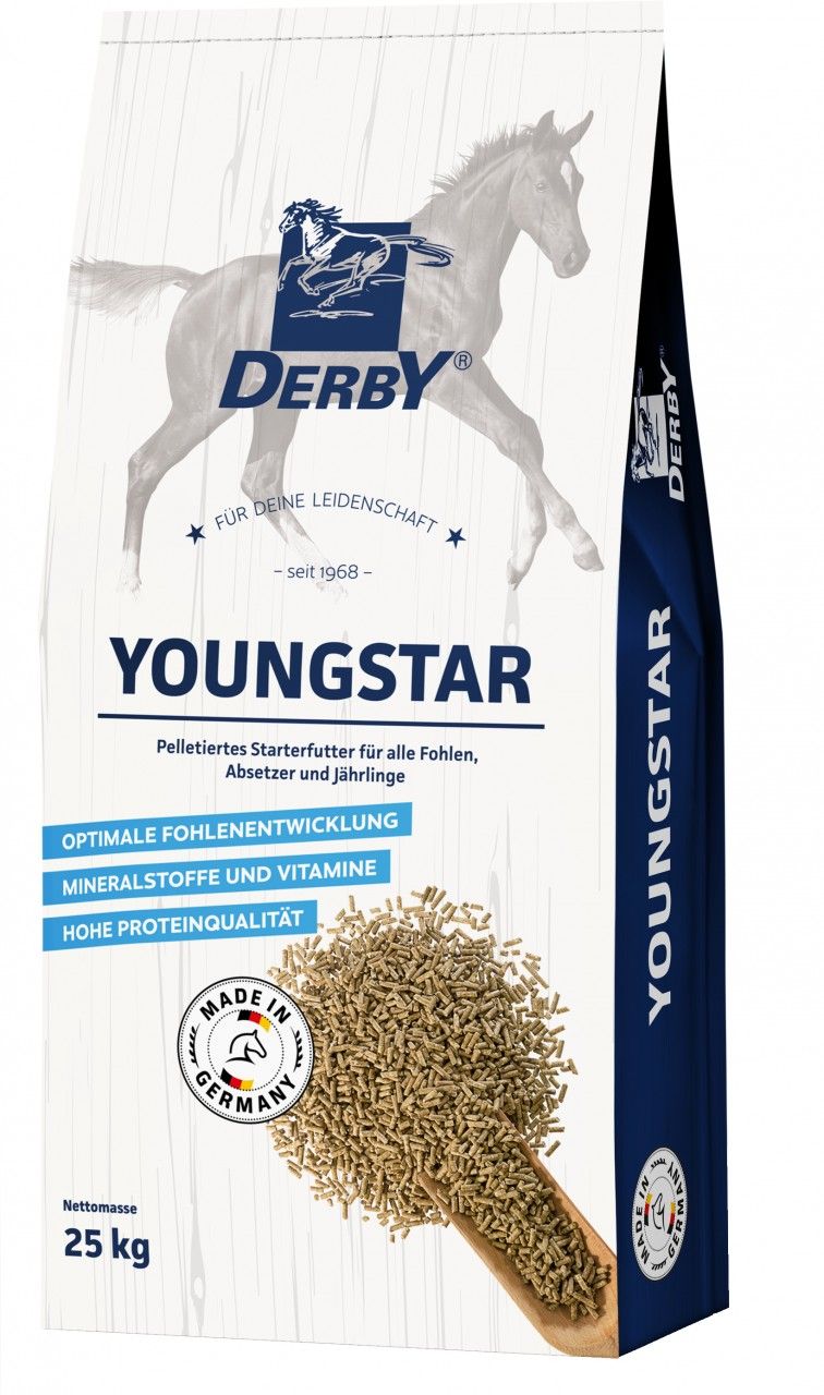 Verpackung Derby Youngstar Pferdefutter. Weißer Beutel mit Logo, Produktname, Text und Pellets.