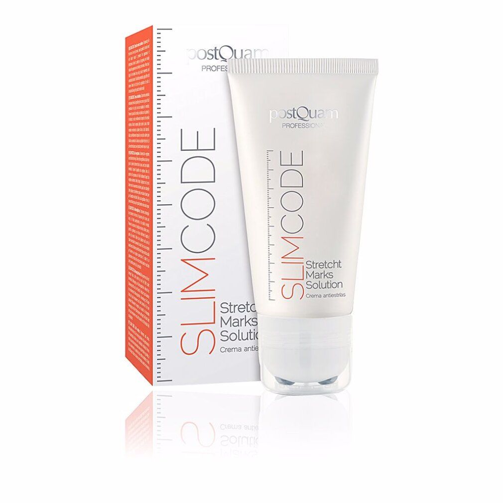 Weiße Tube und Schachtel mit roter Aufschrift SLIMCODE und Stretch Marks Solution. Marke Postquam.