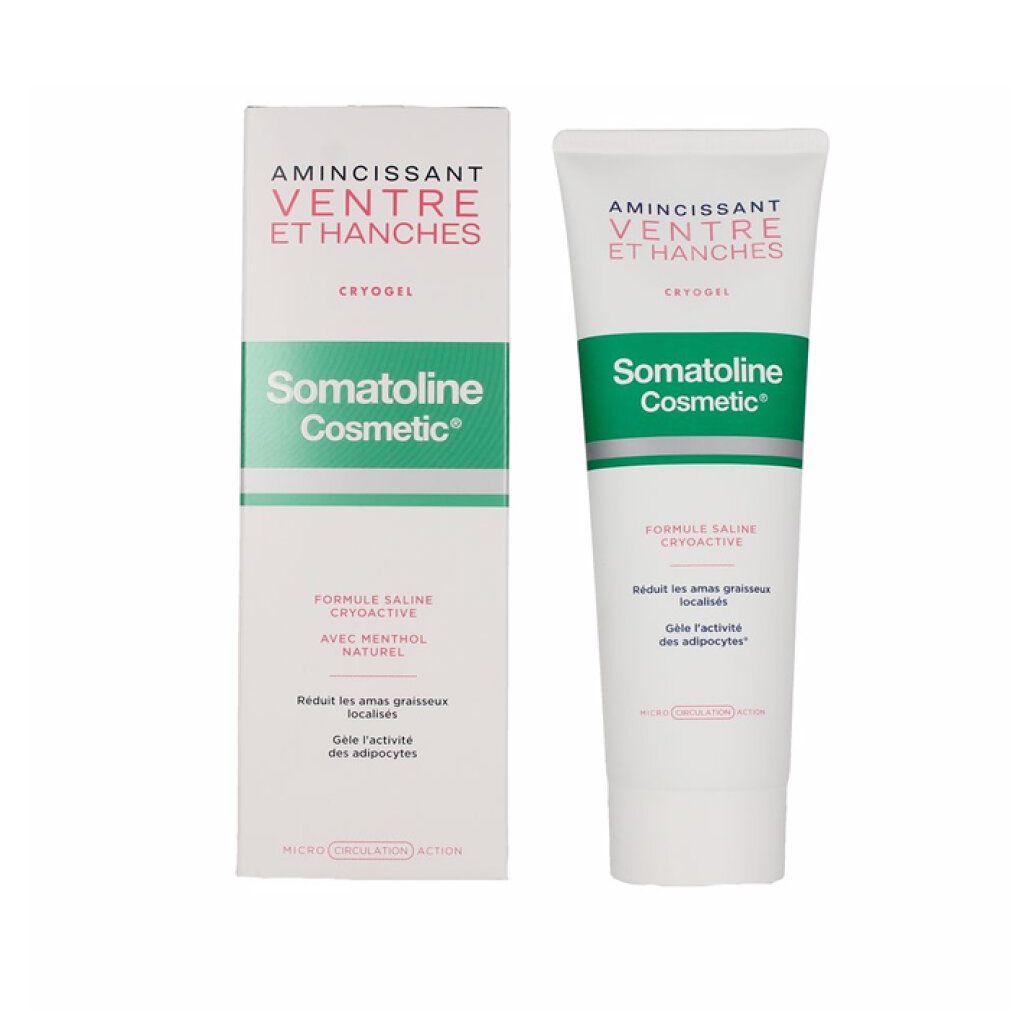 Somatoline Cosmetic, Amincissant ventre et hanches Cryogel. Tube und Verpackung. Weiß, grün. Text: Amincissant ventre et hanches.