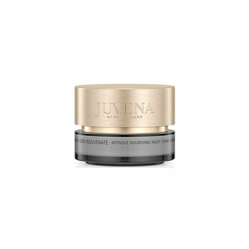 Creme-Tiegel mit goldfarbenem Deckel. Aufschrift: JUVENA OF SWITZERLAND. Unterer Teil: SKIN REJUVENATE, INTENSIVE NOURISHING NIGHT CREAM.