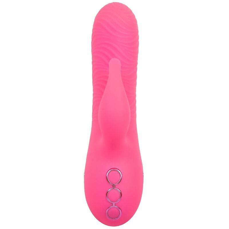 Pinkfarbener Vibrator mit geriffelter Oberfläche und Hasenohren. Drei Knöpfe unten.