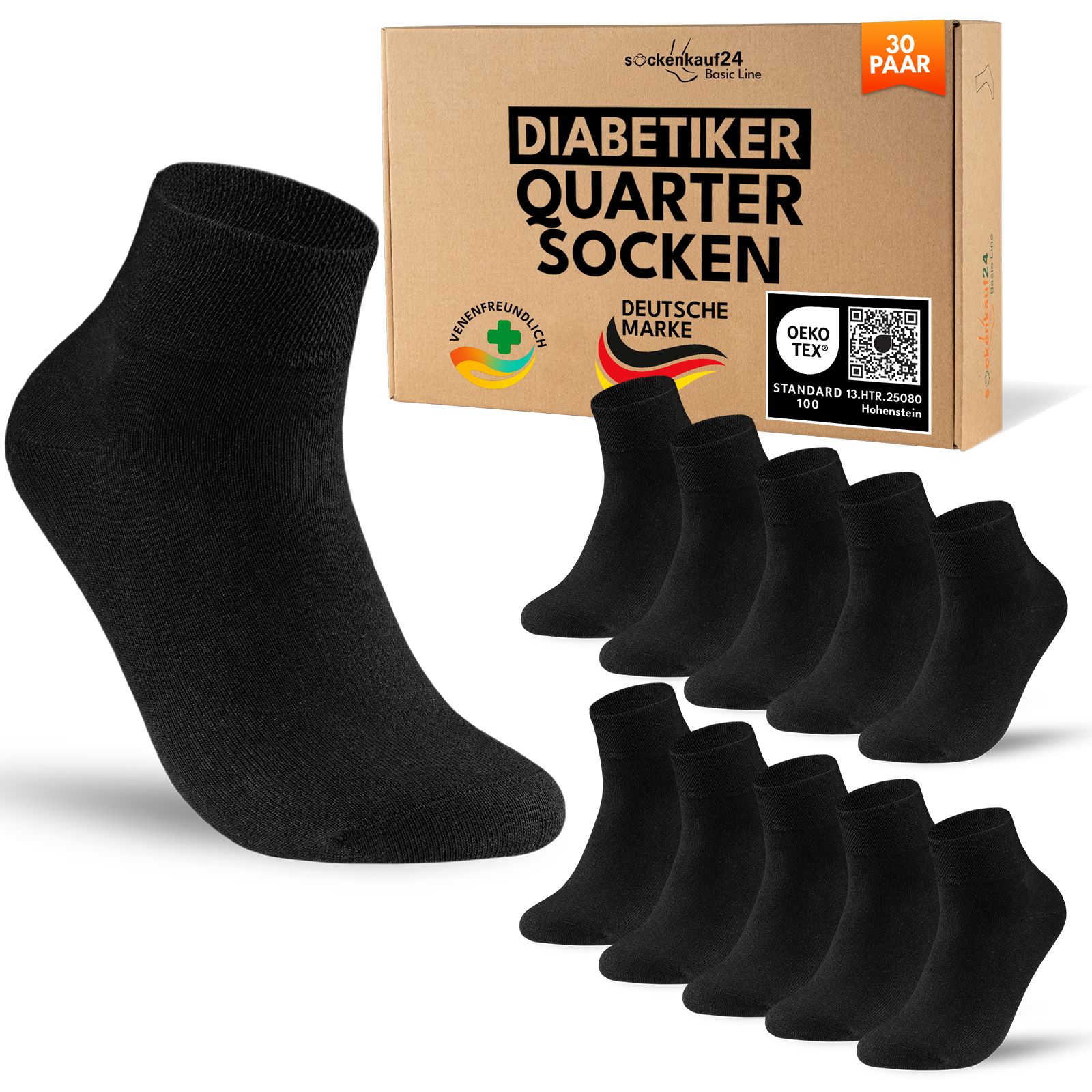 Diabetiker Quarter Socken mit Komfortbund ohne Gummi & Naht für Damen und Herren 30 Pk