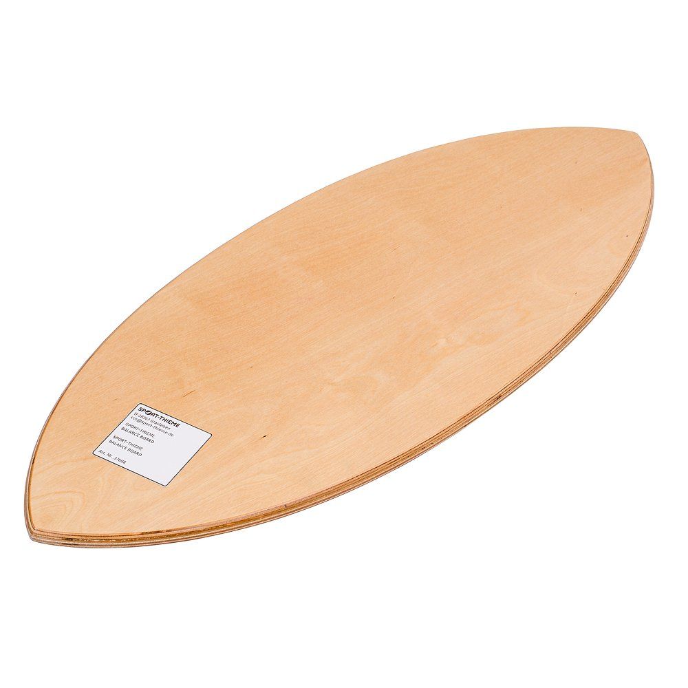 Balance-Board Kork Surfer aus Holz. Aufkleber mit Produktinformationen.