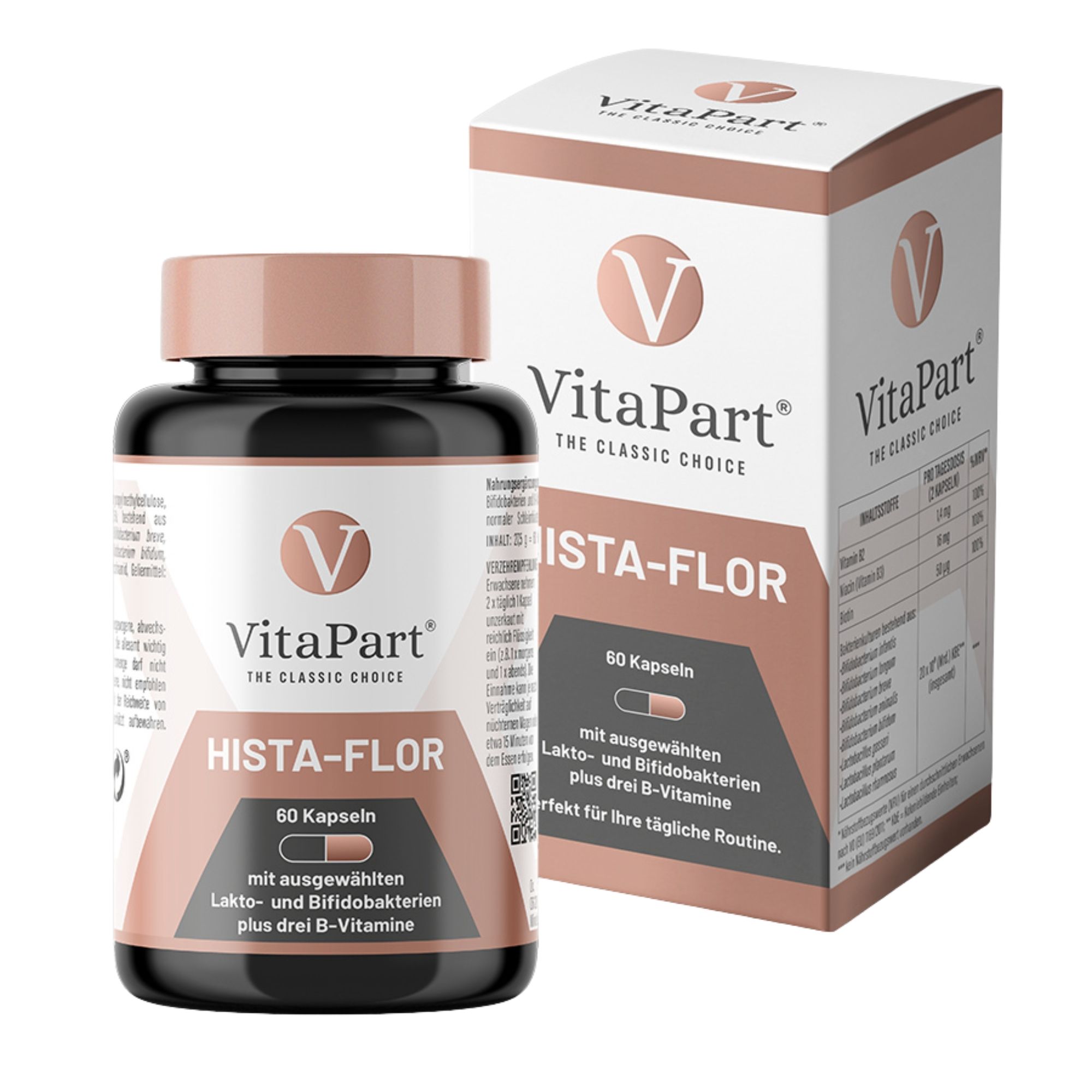 VitaPart Hista-Flor, 60 Kapseln, Flasche und Schachtel. Rosa-weißes Design. Text: perfekt für Ihre tägliche Routine.