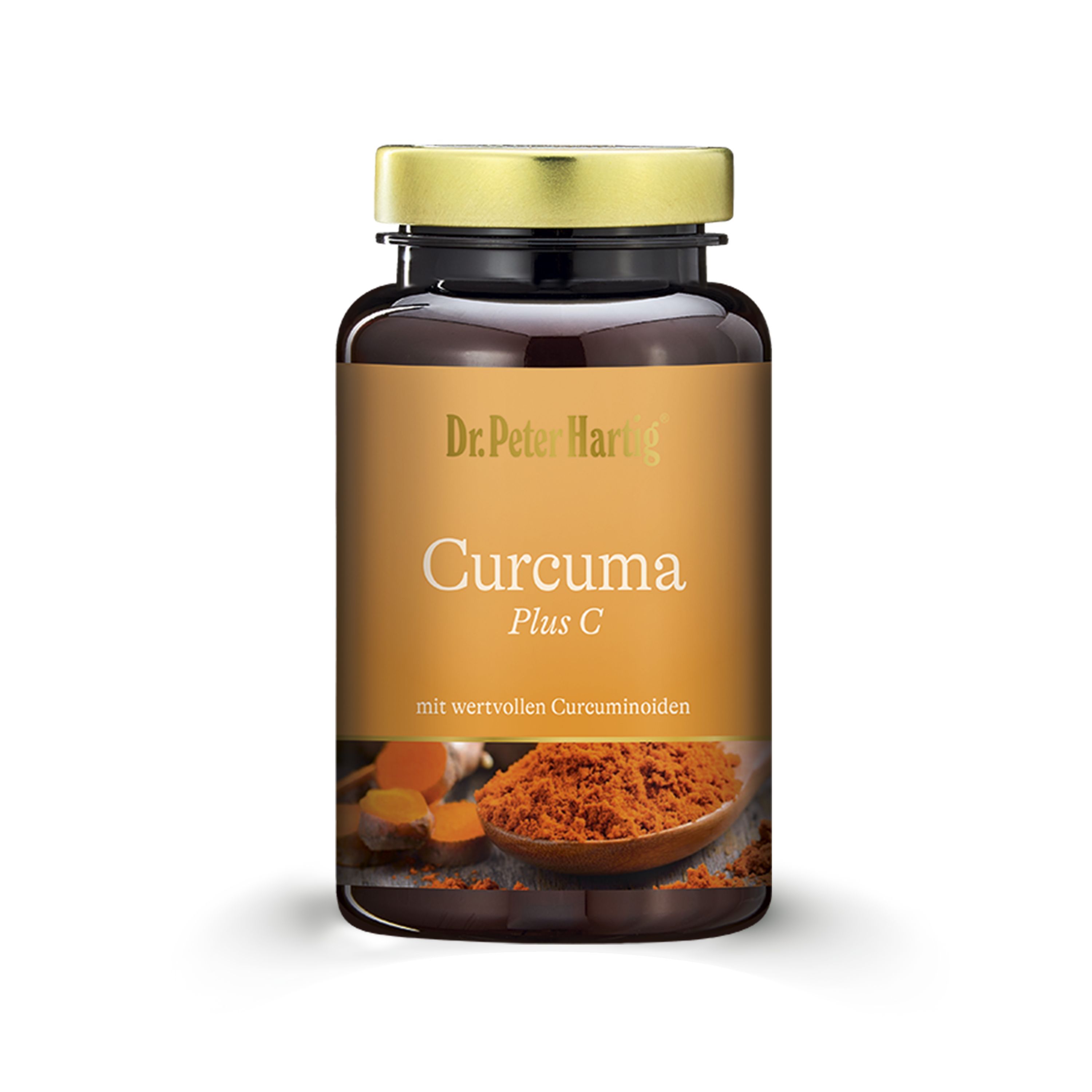 Braune Flasche mit goldfarbenem Deckel. Etikett mit "Dr. Peter Hartig Curcuma Plus C" und Abbildung von Kurkuma-Pulver.
