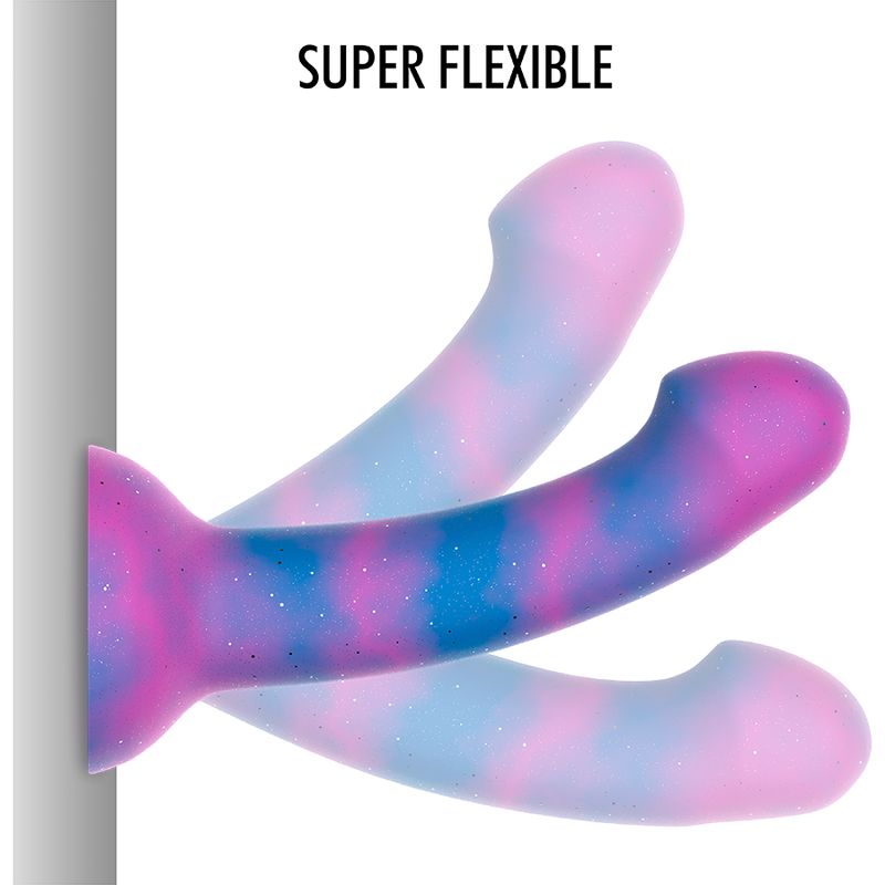 Dildo, farbiges Design, flexibel. Drei Positionen gezeigt.