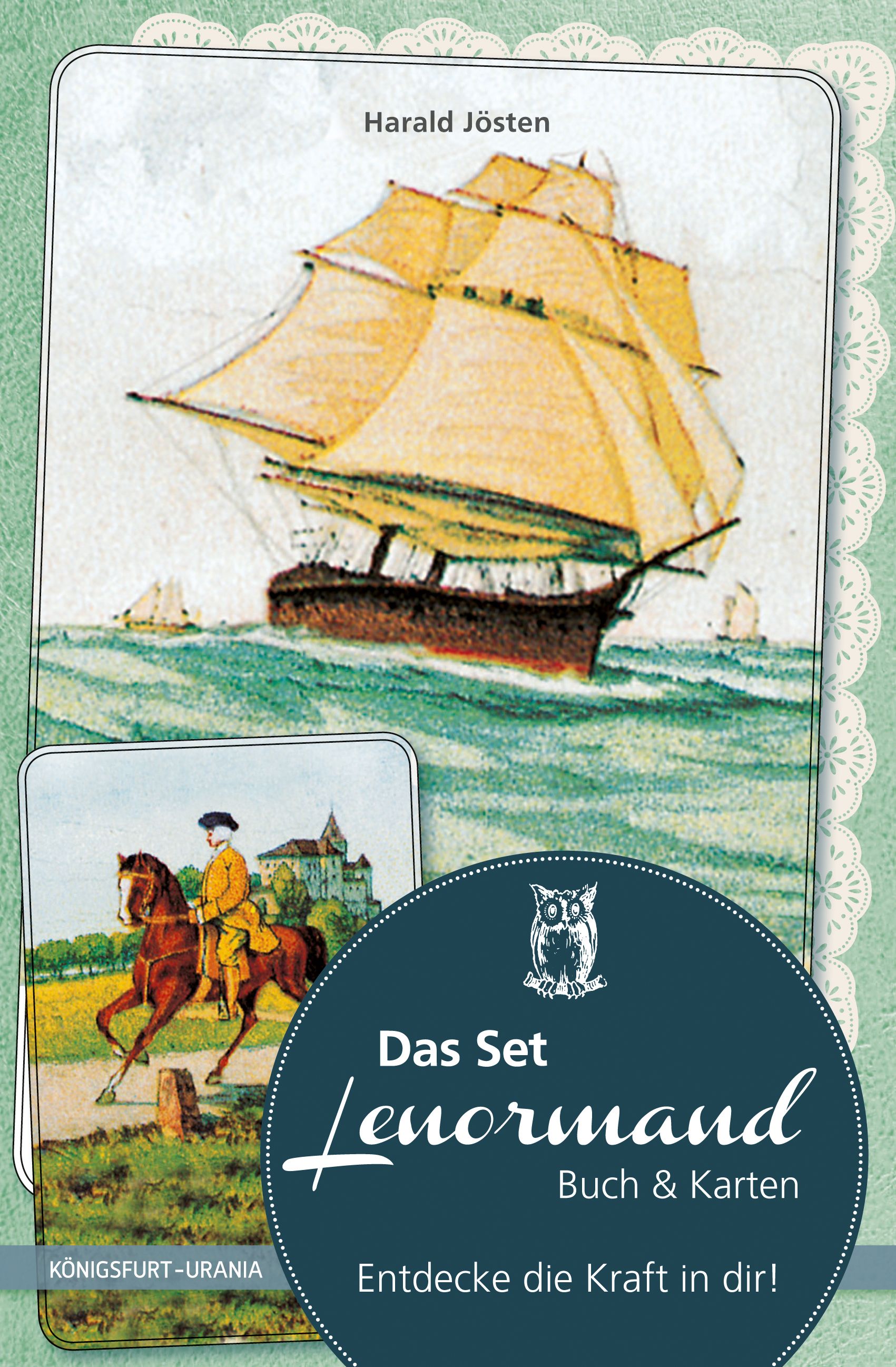 Buch & Karten-Set. Titel: Das Set Lenormand. Autor: Harald Jösten. Karten mit Illustrationen. Verlag: Königsfurt-Urania. Mit Eulen-Logo.