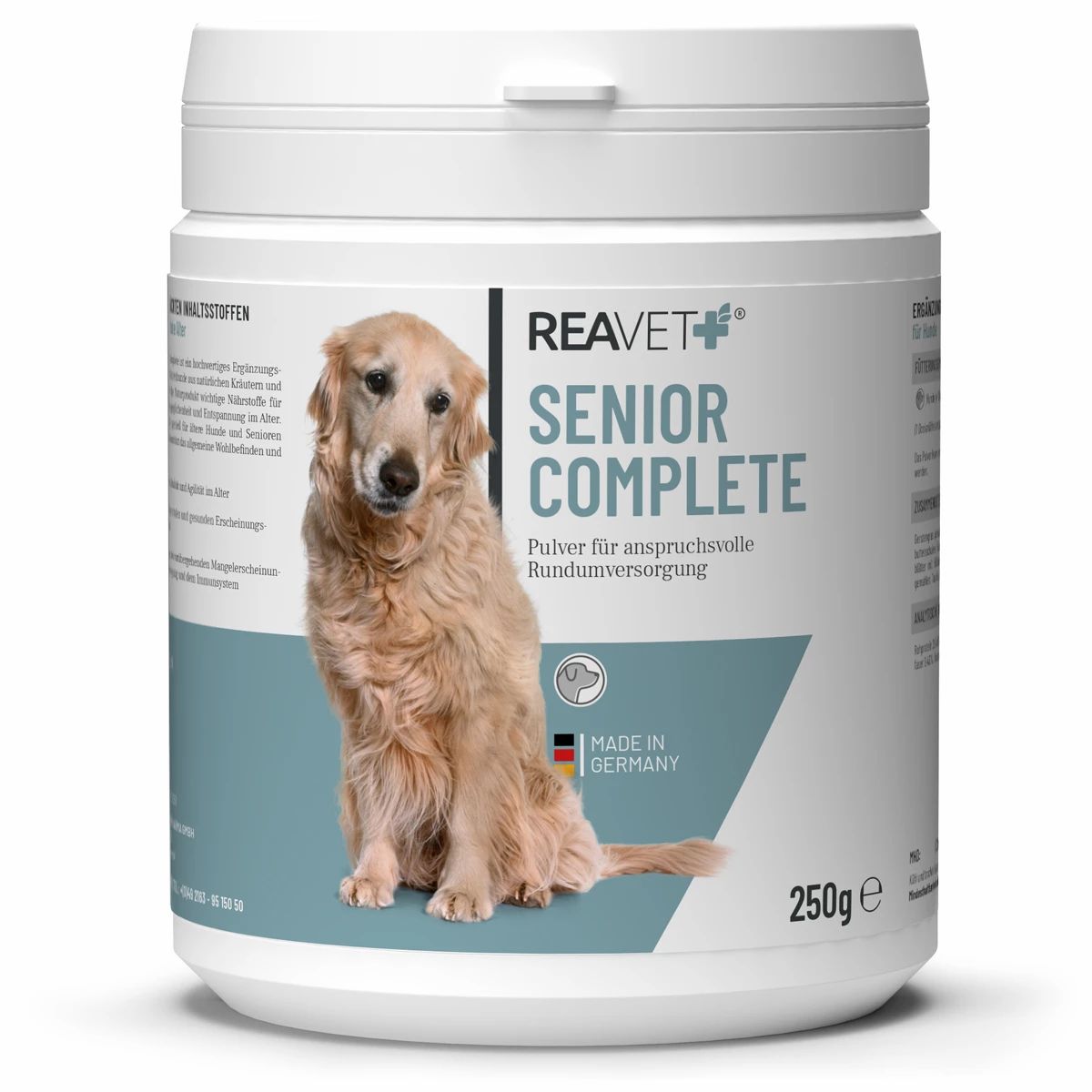 Weißer Behälter mit Deckel. Aufschrift: REAVET SENIOR COMPLETE. Abbildung eines Hundes. 250g. Hergestellt in Deutschland.