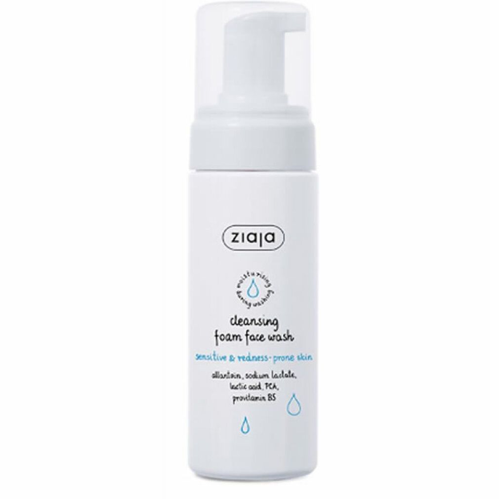 Weiße Flasche mit Pumpverschluss. Aufschrift: Ziaja, cleansing foam face wash. Für empfindliche Haut. Blaue Tropfen-Symbole.