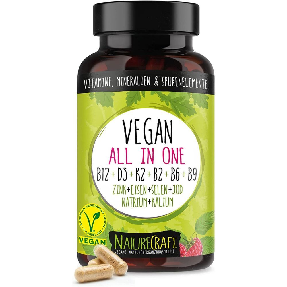 Braune Flasche mit Kapseln. Aufschrift: Vegan All In One, Vitamine, Mineralien. Vegan-Label.