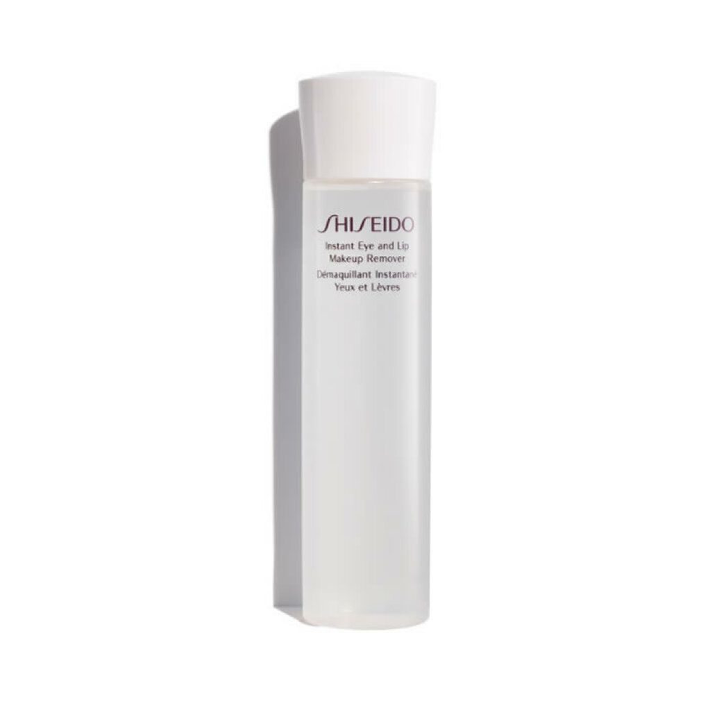 Zylindrische Flasche mit weißem Deckel. Aufschrift: Shiseido Instant Eye and Lip Makeup Remover.