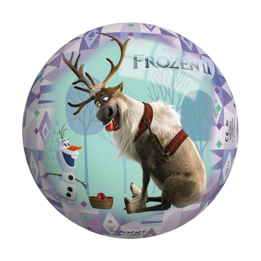 Runder Ball mit Rentier und Olaf-Motiv. Der Ball hat das Frozen II Logo. Der Ball hat ein geometrisches Muster.