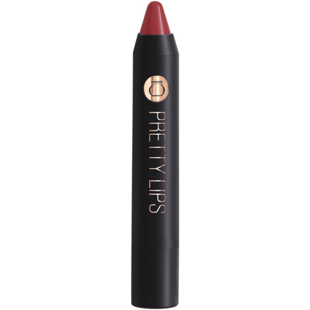 Lippenstift in Stiftform. Schwarzer Stift mit roter Spitze. Aufschrift "PRETTY LIPS" in Gold. Logo mit zwei Buchstaben.