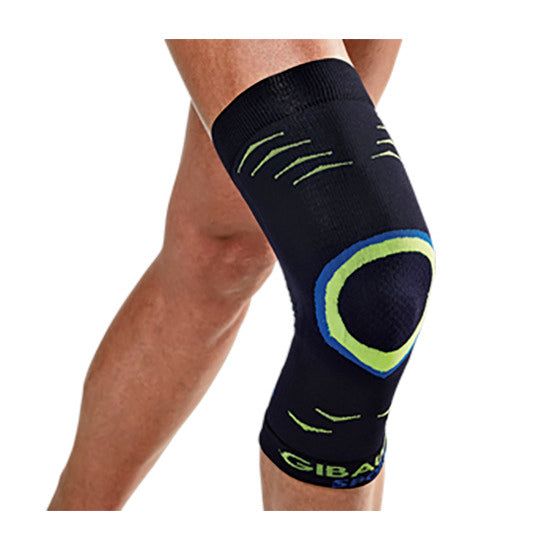 Kniebandage mit Pelotte und Kompressionsgestrick. Dunkelblau mit gelben und blauen Akzenten.
