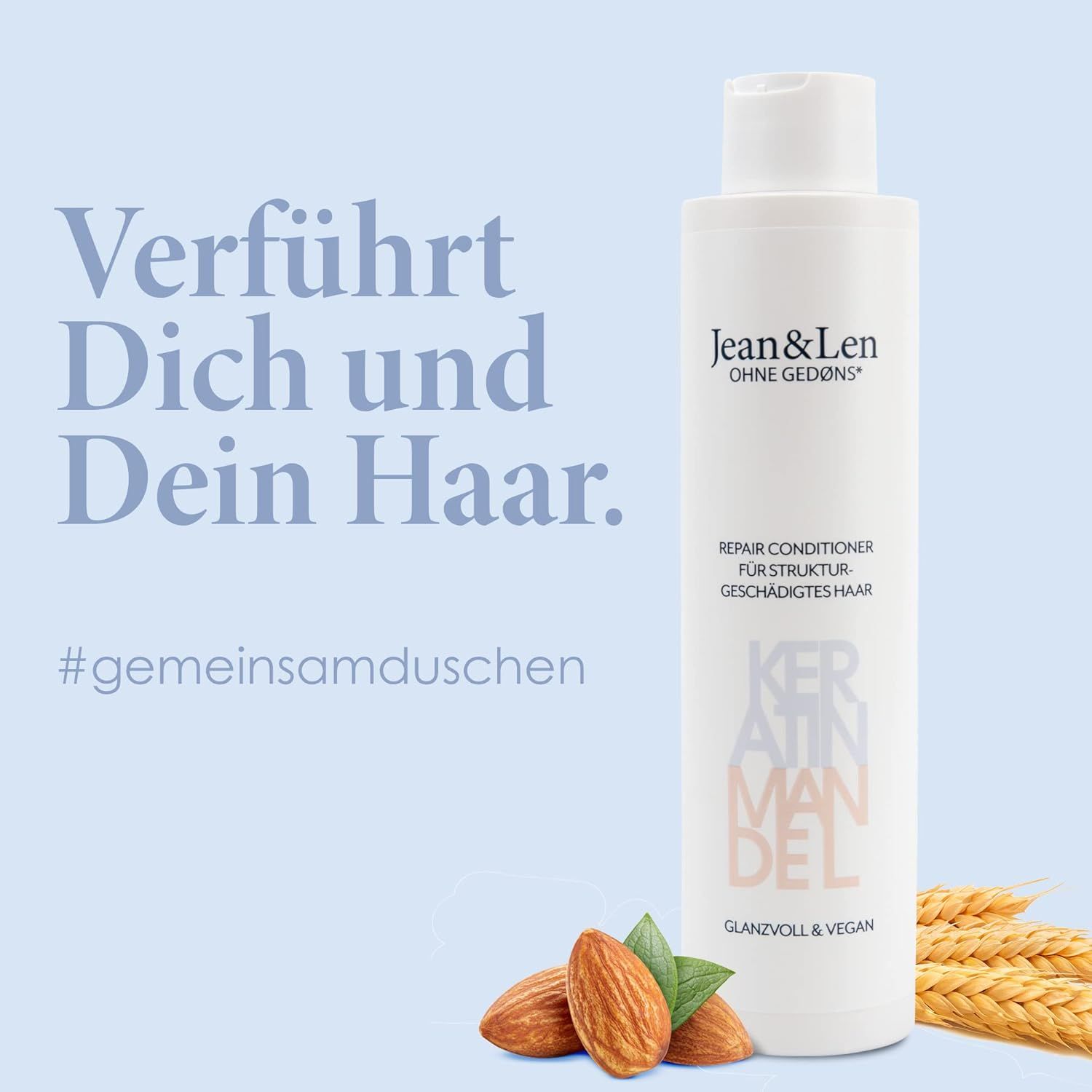 Weiße Flasche Jean & Len Conditioner. Text: Repair Conditioner, Keratin & Mandel, glanzvoll & vegan. Mandeln.