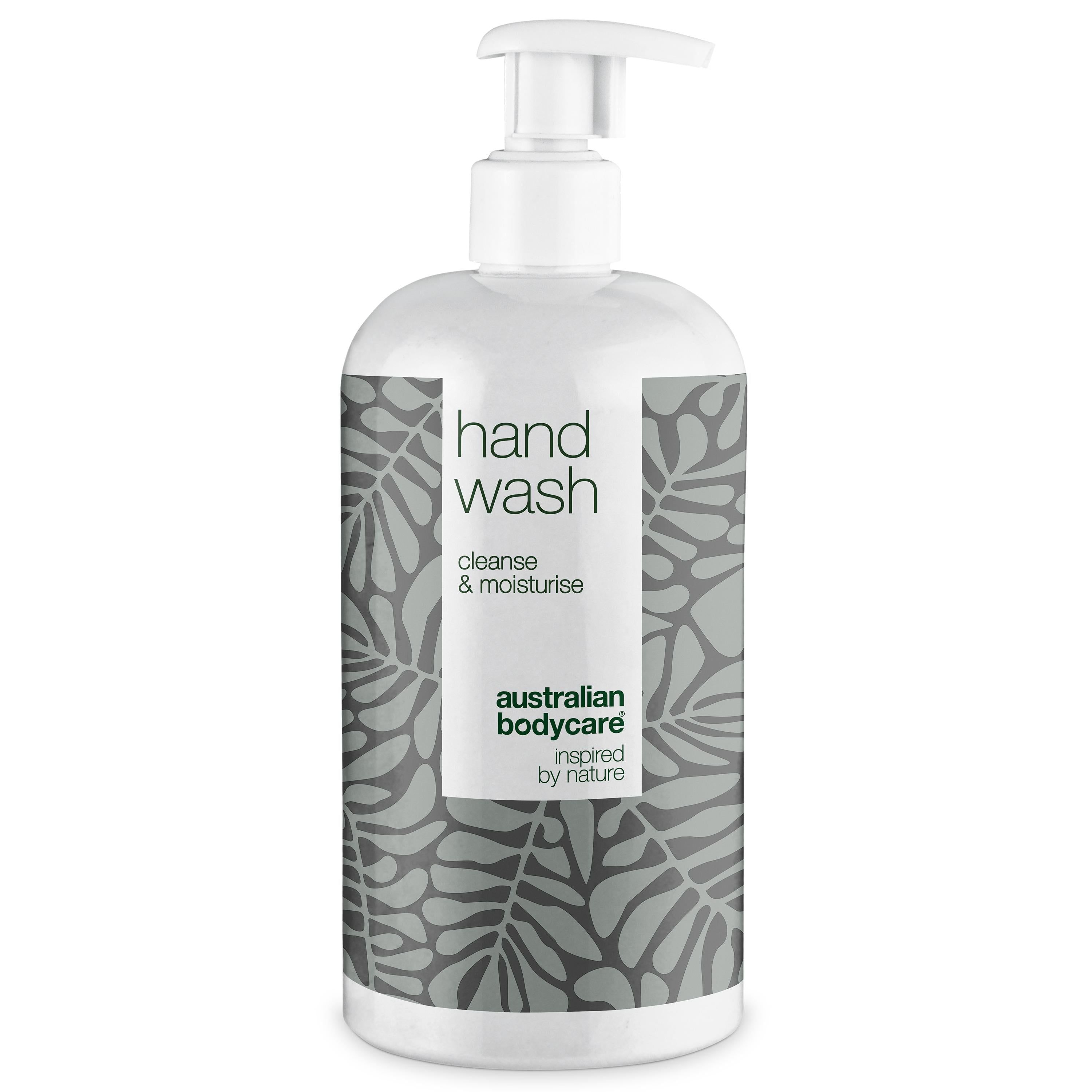 Flacone di sapone per le mani bianco con pompa, motivi a foglie grigie e testo. "Hand Wash" e "Australian Bodycare".