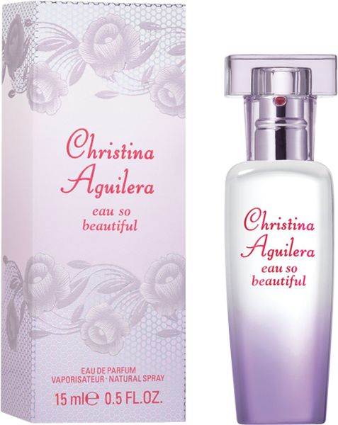 Parfümflakon und Schachtel. Aufschrift: Christina Aguilera eau so beautiful. Schachtel mit Rosenmuster.