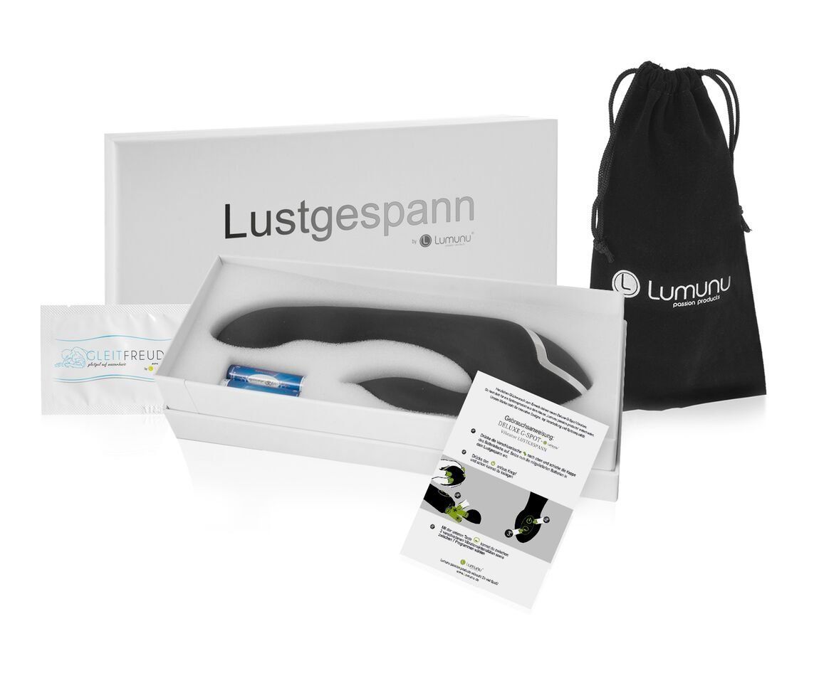 Produktverpackung mit Vibrator, Zubehör und Anleitung. Schwarzer Vibrator sichtbar.