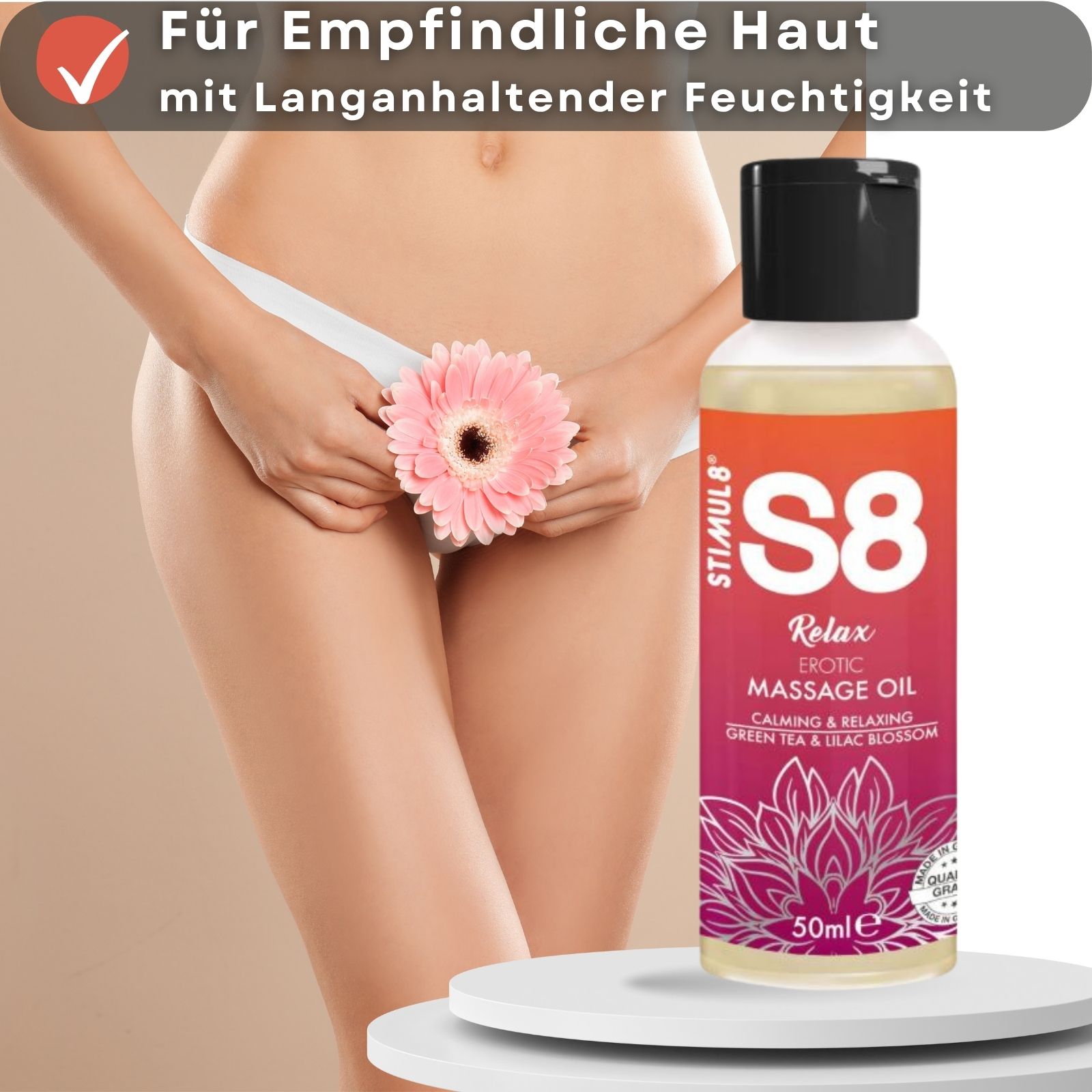 S8 Relax Massageöl. Flasche, 50ml. Frau mit Blüte. Text: Für empfindliche Haut mit langanhaltender Feuchtigkeit.