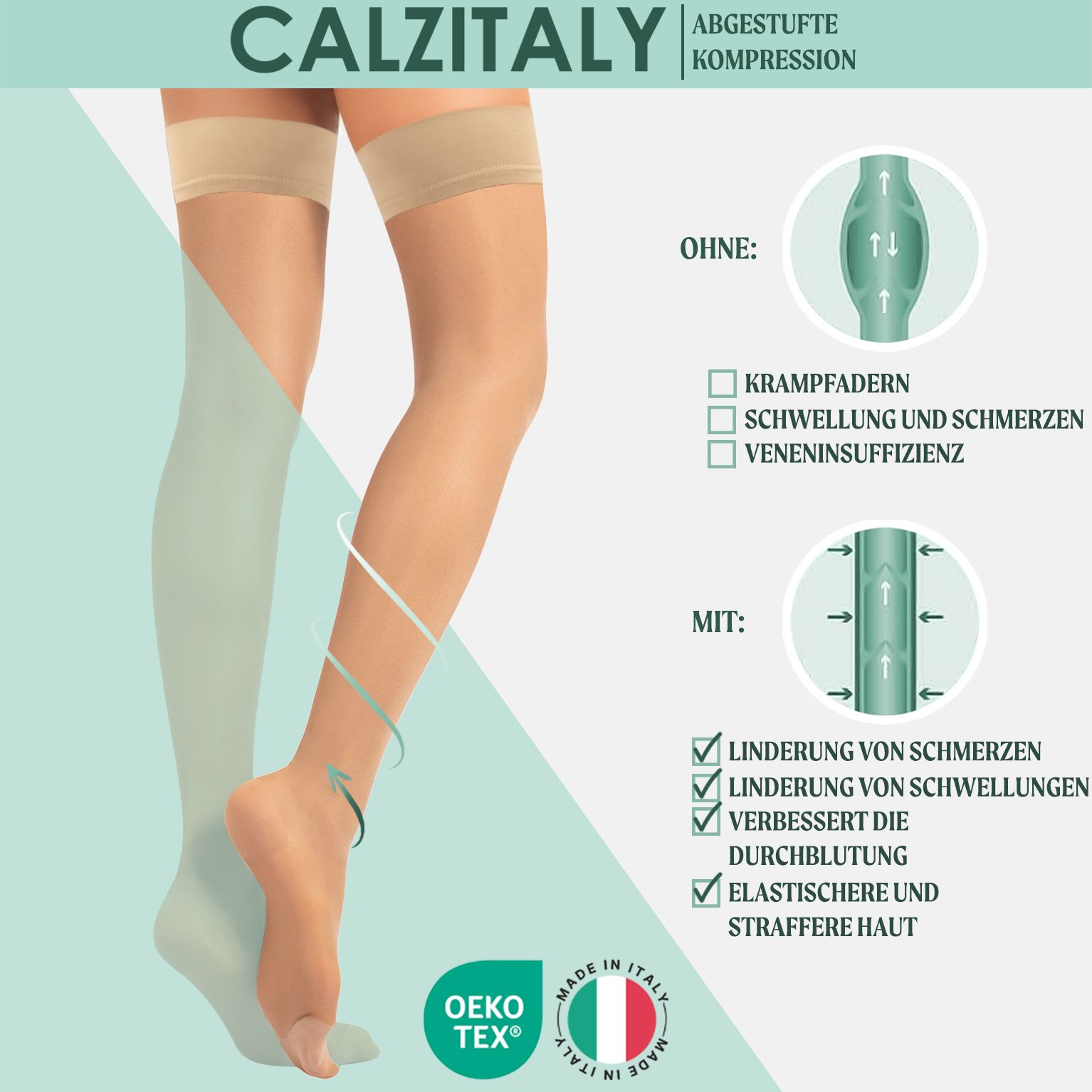 CALZITALY Kompressionsstrümpfe. Ohne: Krampfadern, Schwellung, Veneninsuffizienz. Mit: Schmerzlinderung, etc. OEKO-TEX.