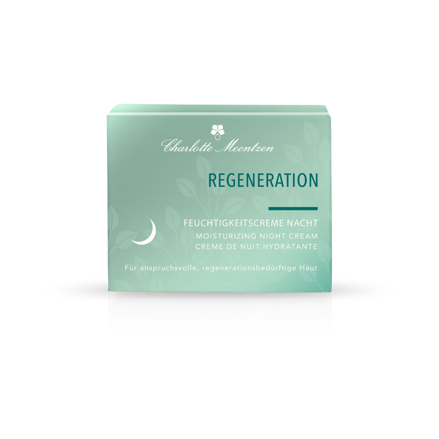 Grüne Verpackung mit Produktnamen und -details. Text: Regeneration Feuchtigkeitscreme Nacht. Marke: Charlotte Meentzen.