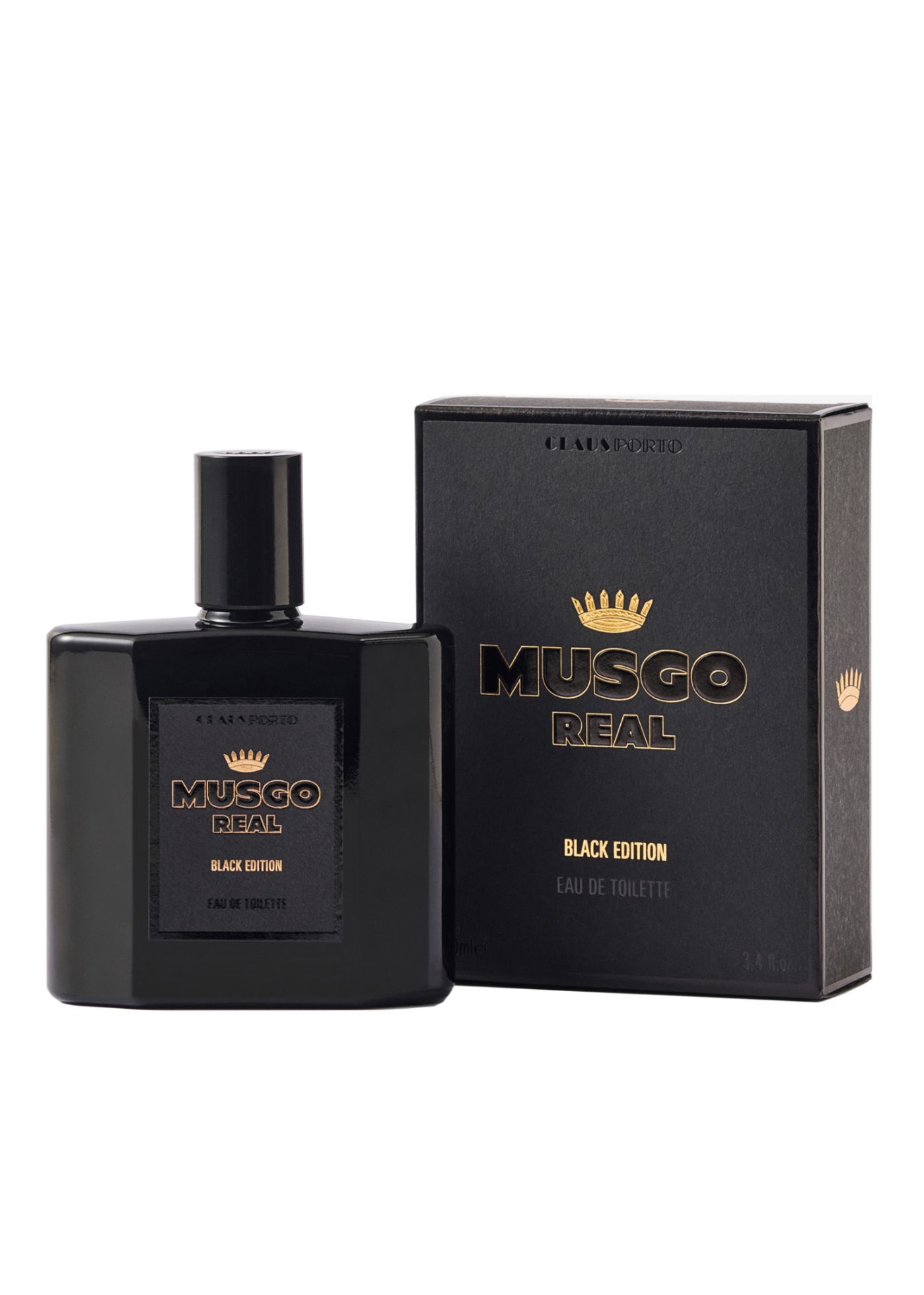 Schwarze Eau de Toilette Flasche und Verpackung. Aufschrift: Musgo Real Black Edition Eau de Toilette.