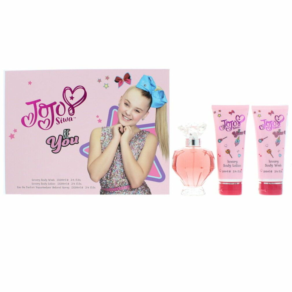 Geschenkset mit rosa Verpackung. Enthält eine Parfumflasche und zwei Tuben. Aufdruck: Jojo Siwa Be You.