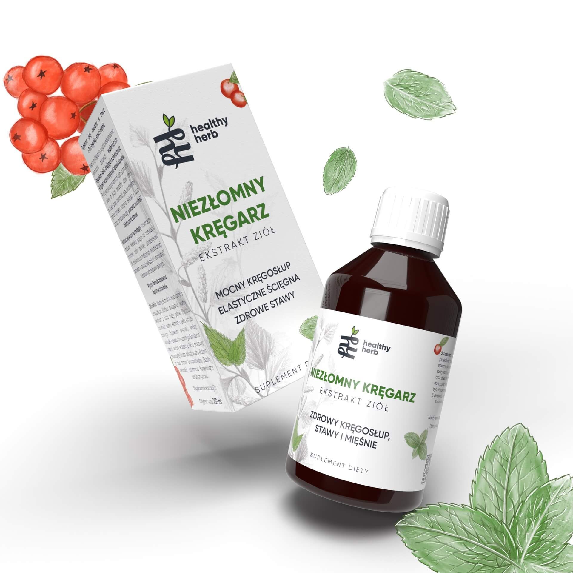 Braune Flüssigkeit in einer Flasche mit weißem Deckel und Etikett. Daneben eine Schachtel mit Aufschrift 'Healthy Herb'.