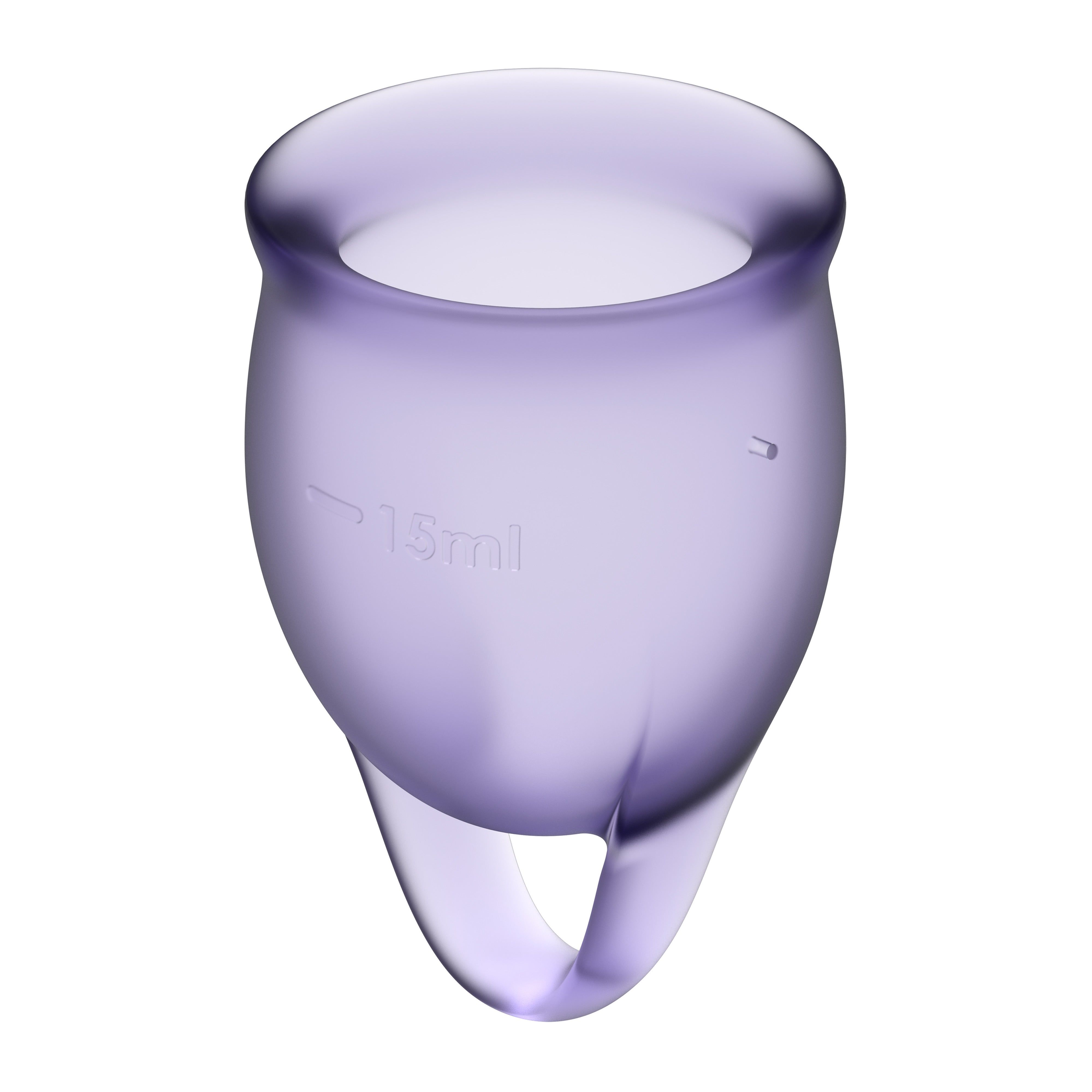 Lilafarbene Menstruationstasse mit 15ml Markierung. Mit Ring am unteren Ende.