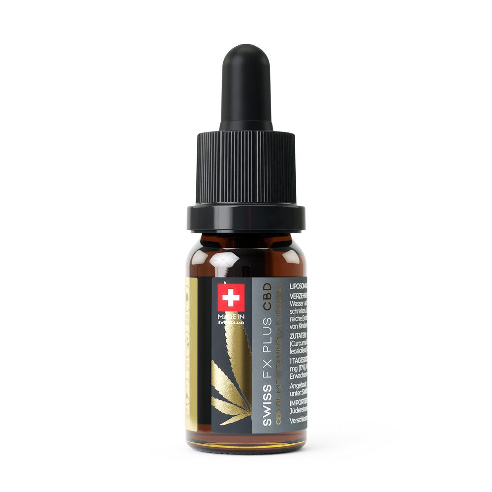 Braune Glasflasche mit Tropfer. Aufschrift: SWISS FX PLUS CBD, Schweizer Kreuz, Kurkuma.