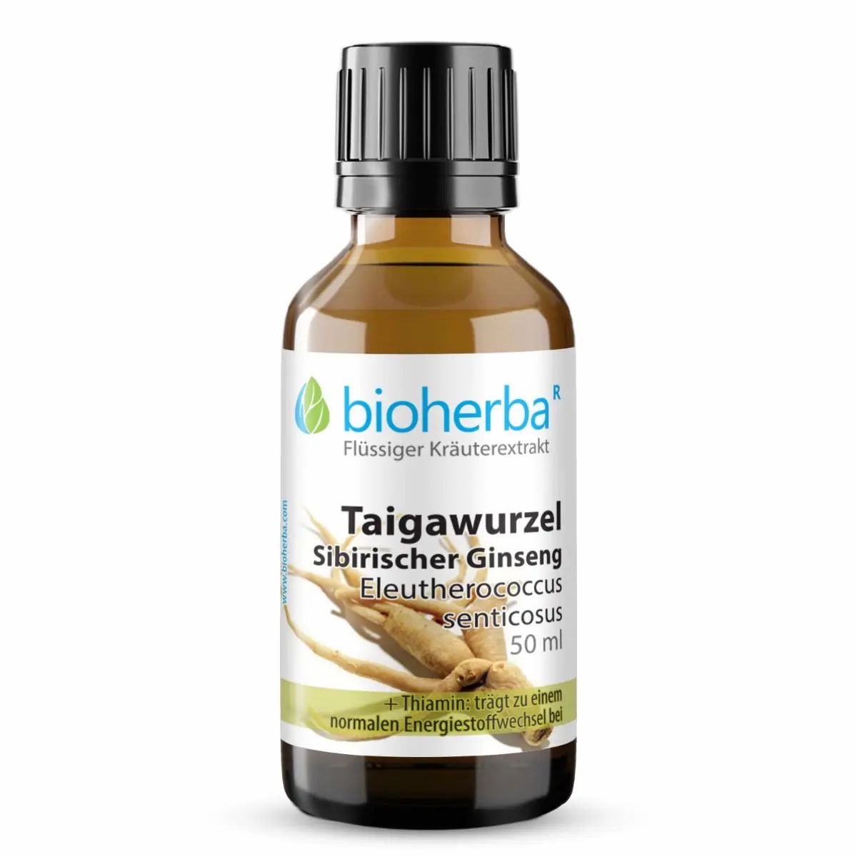 Braune Glasflasche mit schwarzem Deckel. Etikett mit Produktnamen und Logo. Ginseng-Wurzel-Abbildung. 50 ml.