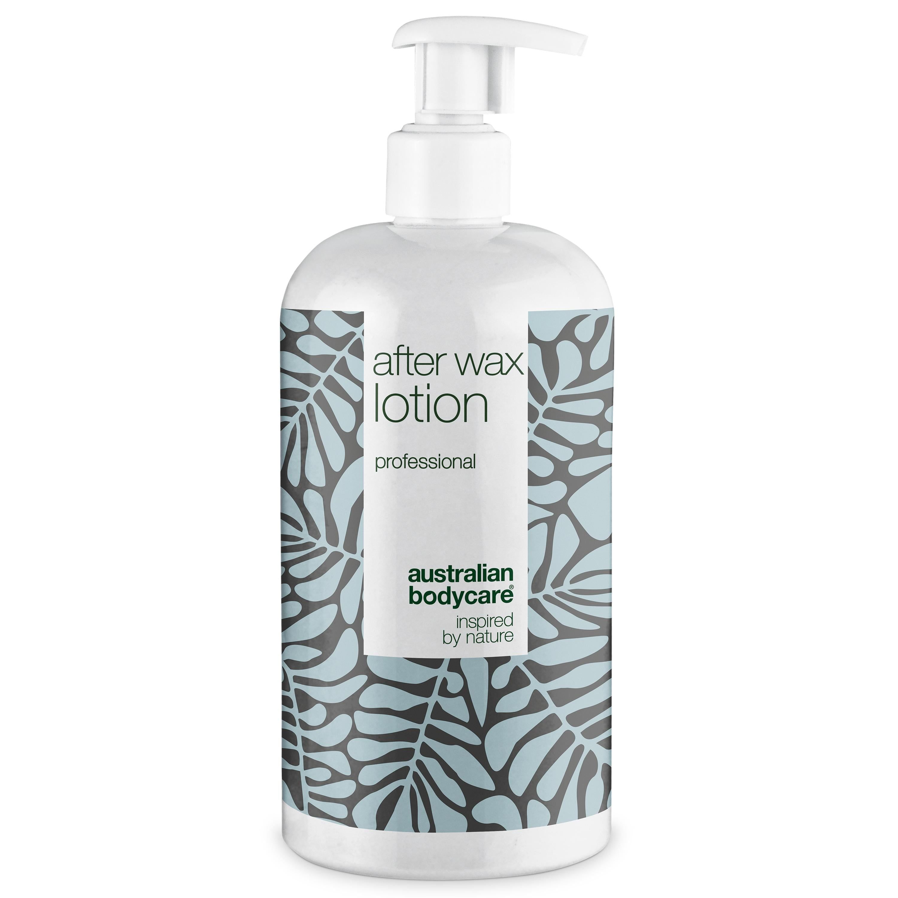 Weiße Flasche mit Pumpe. Aufschrift: After Wax Lotion, professional. Mit blauem Blattmuster und Logo.