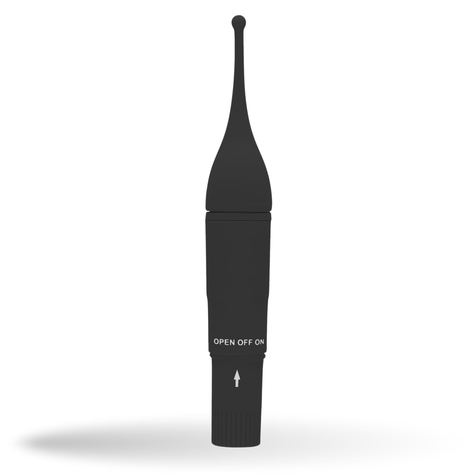 Schwarzes Wellness-Produkt mit ON/OFF-Markierung und Pfeil.