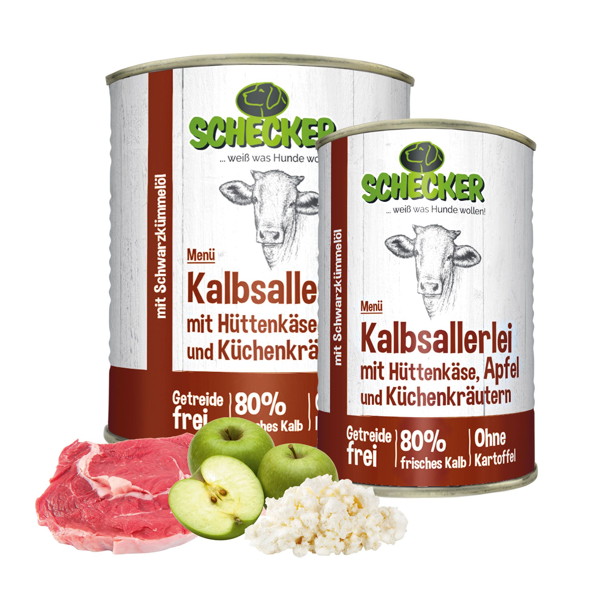 Schecker Hundemenü Nassfutter mit 80% Kalb mit Hüttenkäse, Apfel und Schwarzkümmelöl