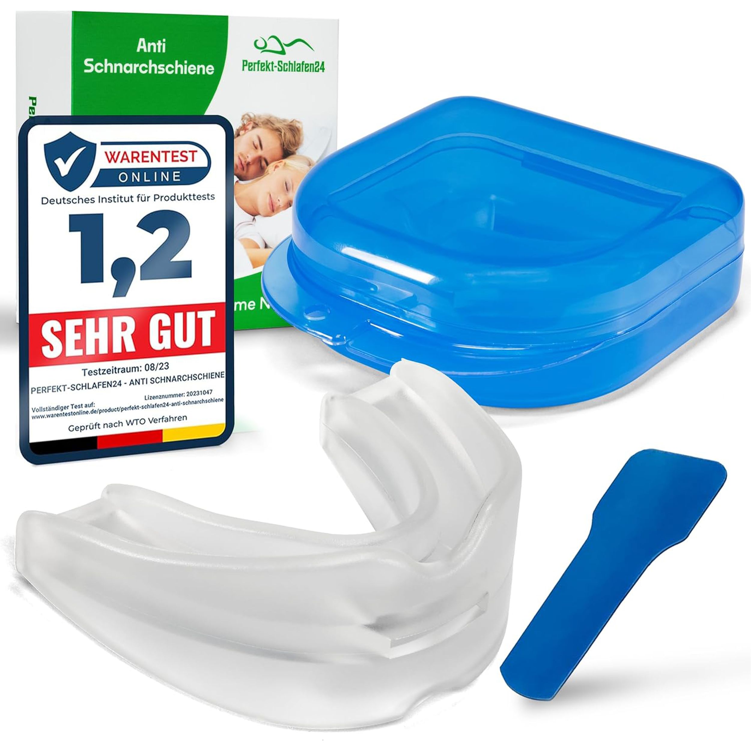 Mundstück, blaue Box, blauer Spatel. Bewertungssiegel. Text: Anti-Schnarchschiene. Verpackung.
