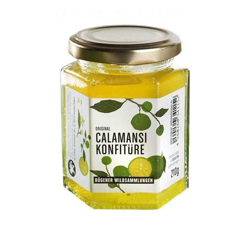 Glas mit Calamansi Konfitüre, Etikett mit Produktname und Illustrationen. Deckel aus Metall.