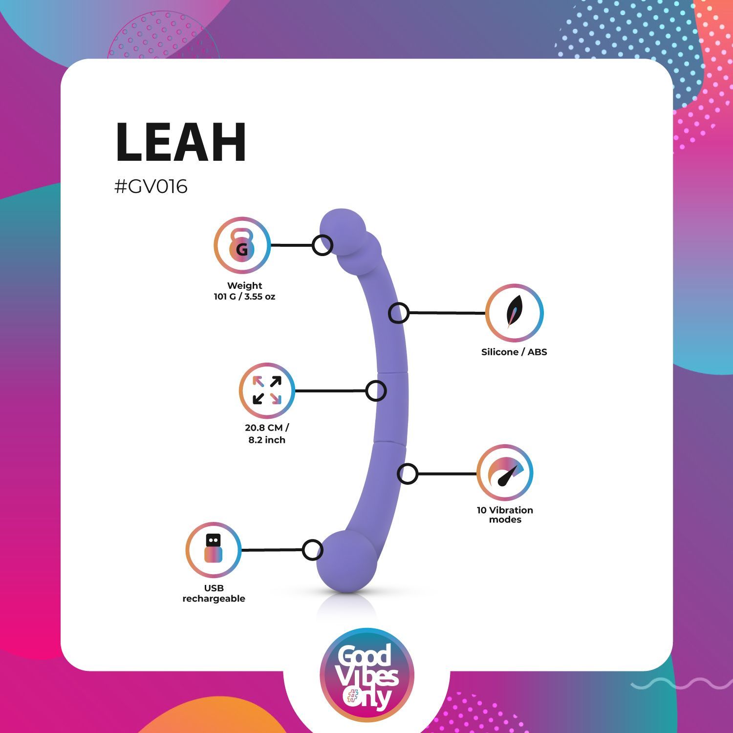 Infographie »Leah«. Produit de bien-être violet avec informations sur le poids, la taille, le matériau, les modes de vibration et la recharge USB. Logo.
