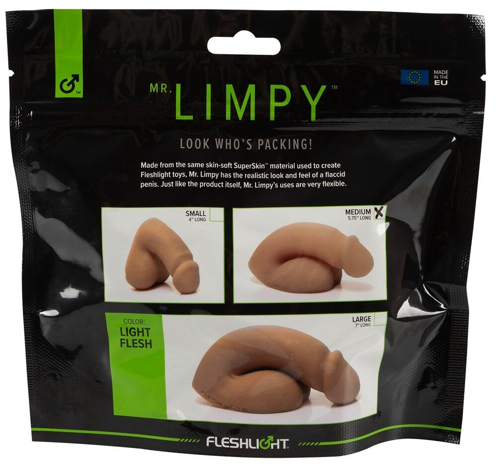 Verpackung mit drei Größen eines Fleshlight-Packers. Aufschrift: Mr. Limpy. Farbe: Light Flesh.