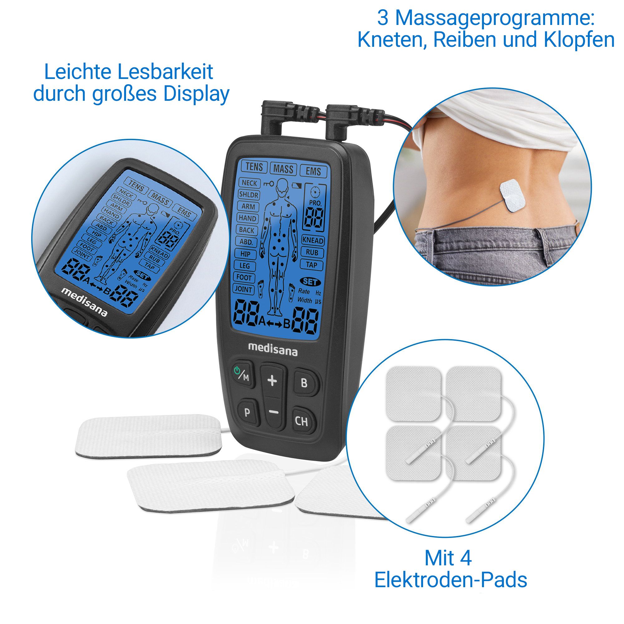 Medisana TT 205 TENS/EMS Gerät mit 4 Elektrodenpads. Display zeigt Körperzonen.