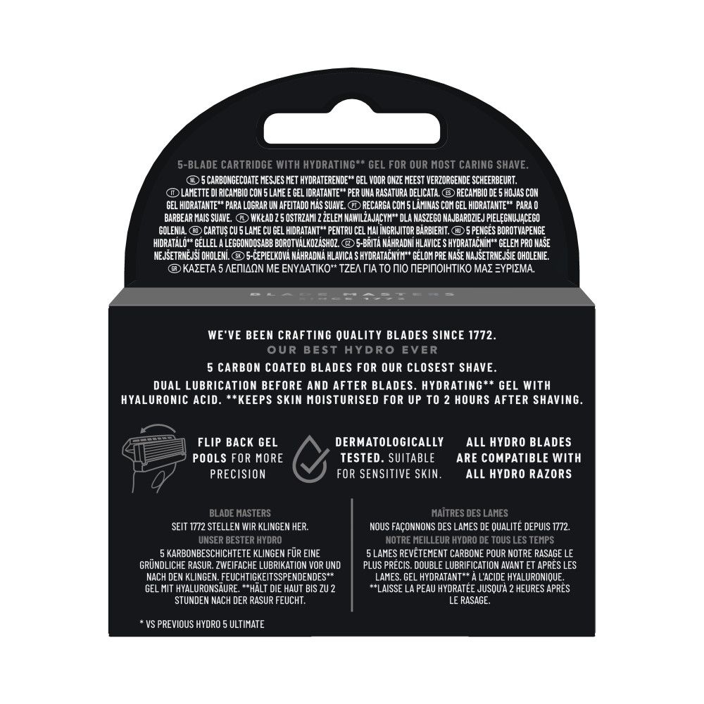 Rückseite der Verpackung für Wilkinson Sword Hydro 5 Ultimate Rasierklingen. Informationen zu 5 Carbon-beschichteten Klingen.
