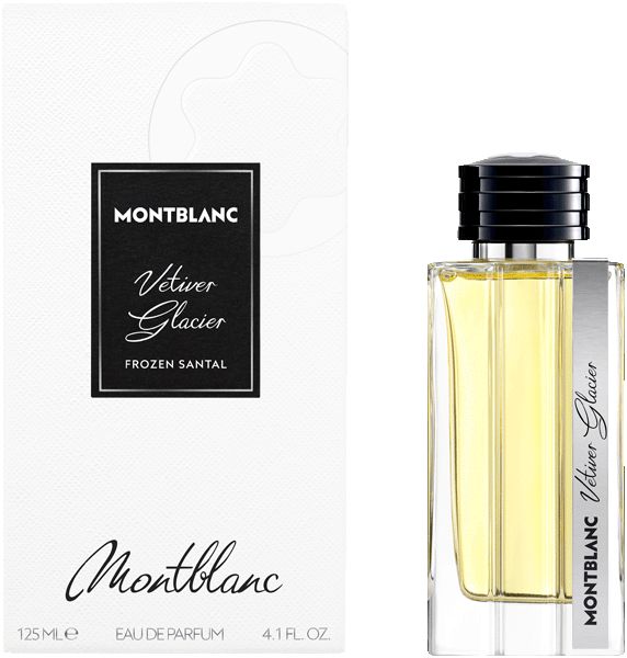 Glasflakon mit schwarzem Deckel und weißer Verpackung. Aufschrift: Montblanc, Vetiver Glacier, Frozen Santal, 125 ml.