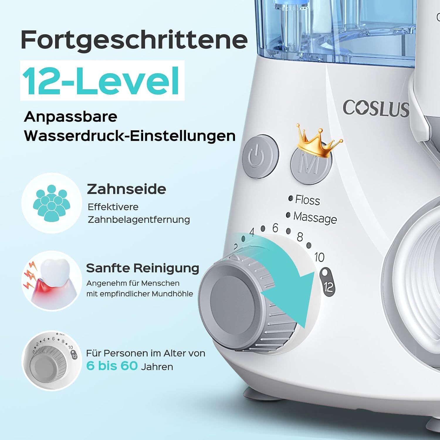 Elektrische Munddusche mit 12 Druckstufen und verschiedenen Aufsätzen. Weiß mit blauem Wassertank.