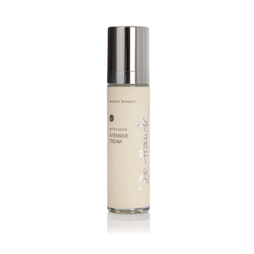 Creme-Flakon mit silbernem Deckel. Aufschrift "Better Aging Intensive Cream" und "Dr. Hauck".