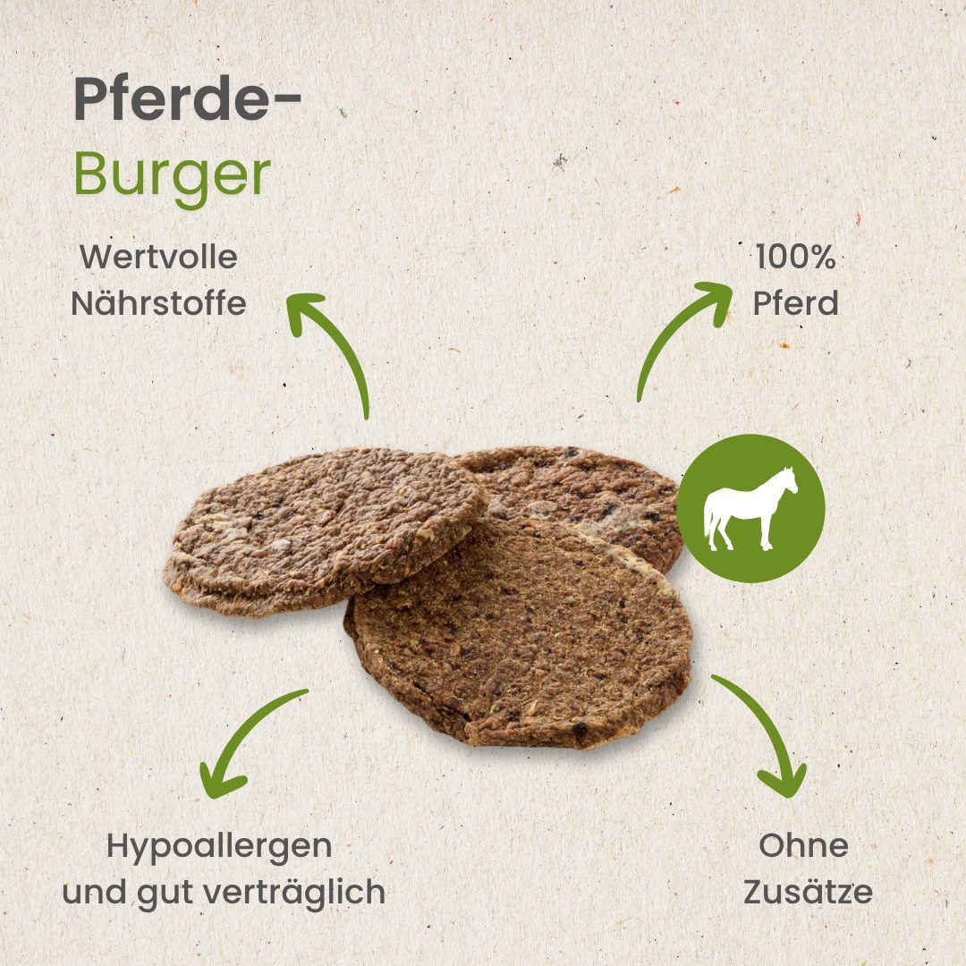 Drei runde Pferde-Burger Hundeleckerlis, 100% Pferd, hypoallergen, ohne Zusätze.