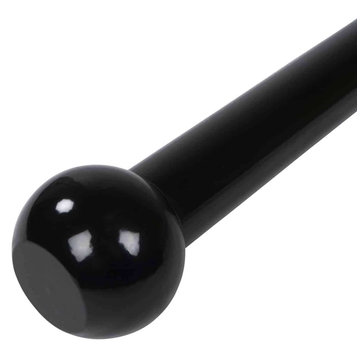 Nahaufnahme des kugelförmigen Endes einer schwarzen Metall-Keule. Glatte, glänzende Oberfläche.