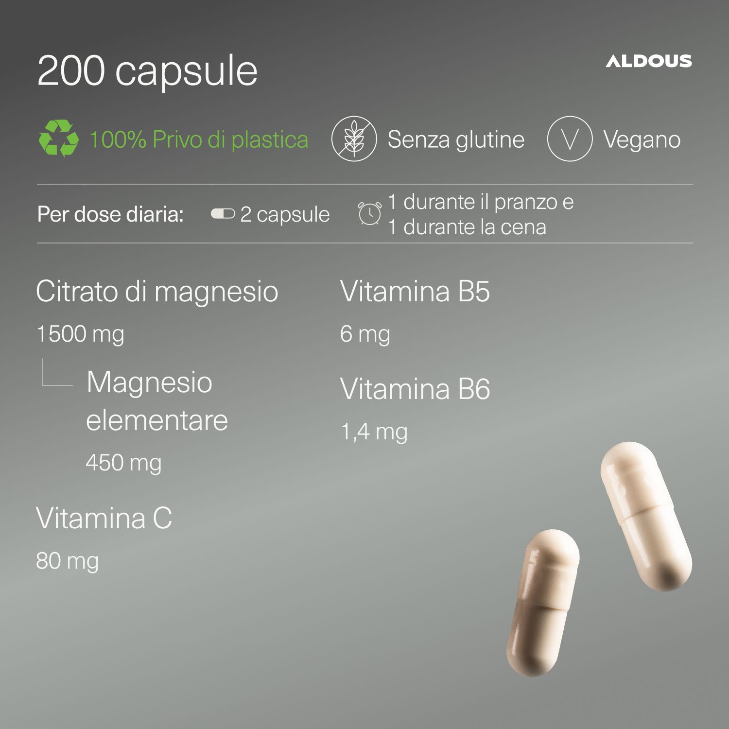 Aldous Magnesio Dose mit Vitaminen, 200 Kapseln, chemische Strukturformeln.