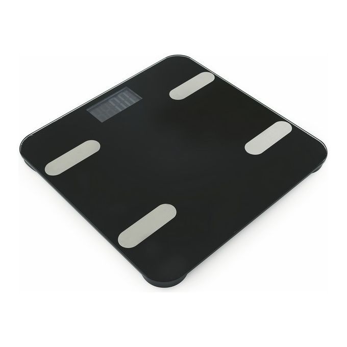 Bilancia nera con display digitale e quattro aree di contatto argentate. Forma quadrata.